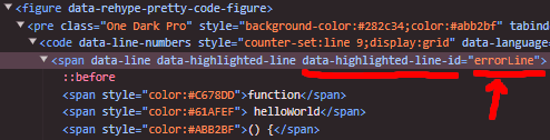 chrome dev tools element inspect showing the data-highlighted-line-id attribute with errorLine as value