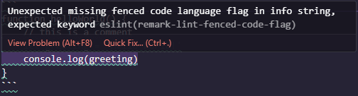 ESLint warning in VSCode: Unexpected missing fenced code language flag in info string